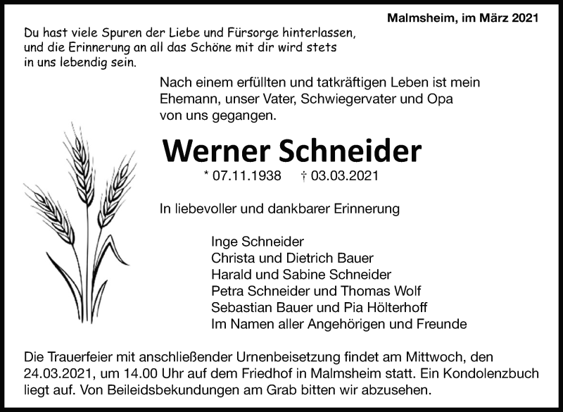  Traueranzeige für Werner Schneider vom 20.03.2021 aus Leonberger Kreiszeitung / Strohgäu Extra