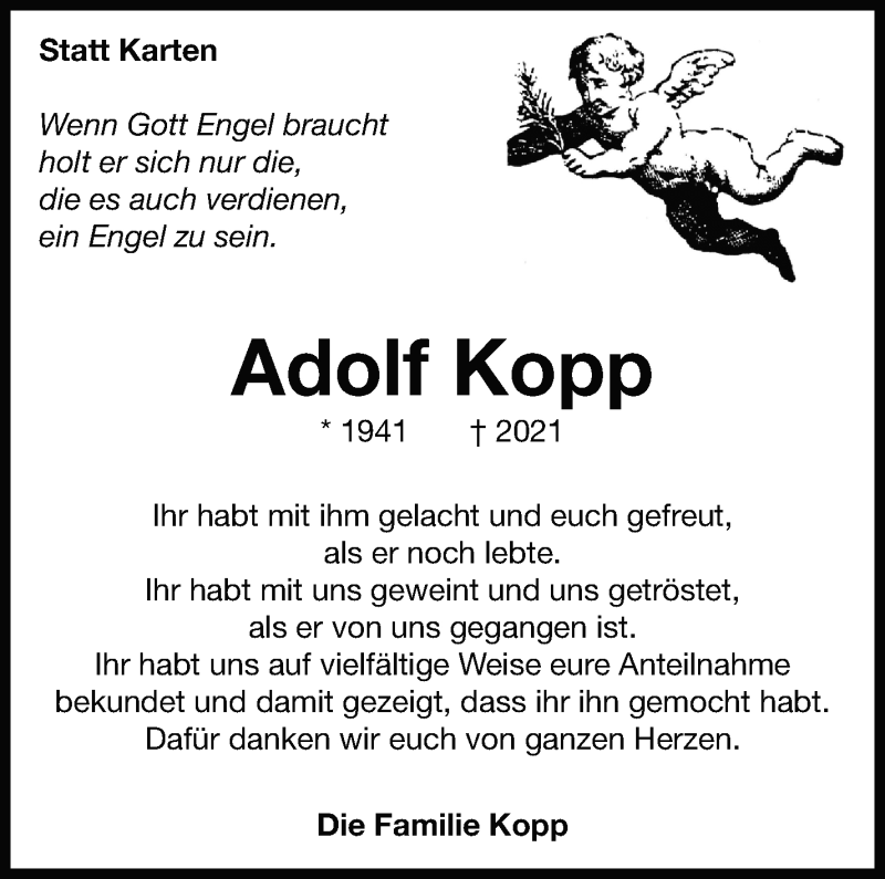  Traueranzeige für Adolf Kopp vom 30.04.2021 aus Leonberger Kreiszeitung / Strohgäu Extra