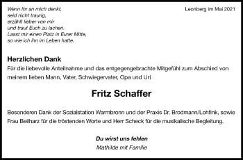 Traueranzeige von Fritz Schaffer von Leonberger Kreiszeitung / Strohgäu Extra