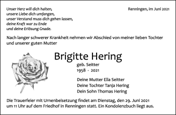 Traueranzeige von Brigitte Hering von Leonberger Kreiszeitung / Strohgäu Extra