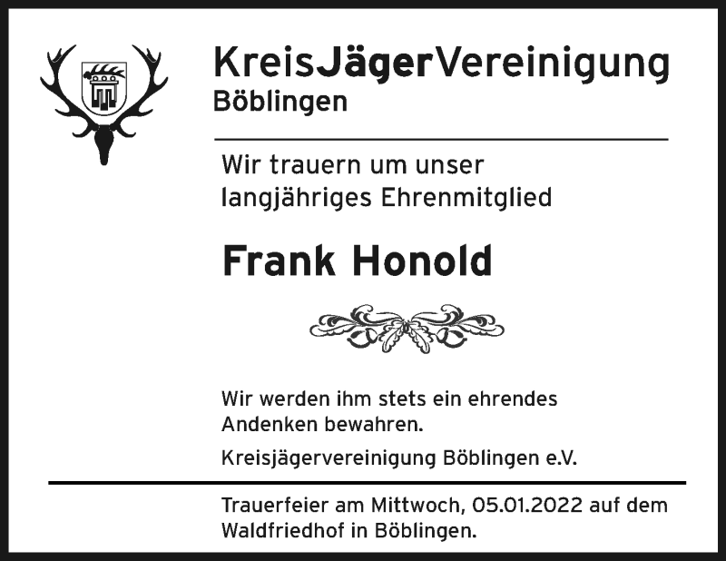  Traueranzeige für Frank Honold vom 03.01.2022 aus Leonberger Kreiszeitung / Strohgäu Extra