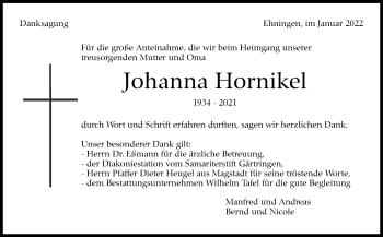 Traueranzeige von Johanna Hornikel von Leonberger Kreiszeitung / Strohgäu Extra