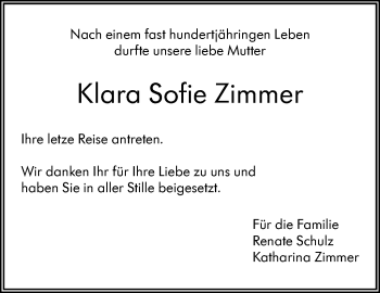 Traueranzeige von Klara Sofie Zimmer von Leonberger Kreiszeitung / Strohgäu Extra