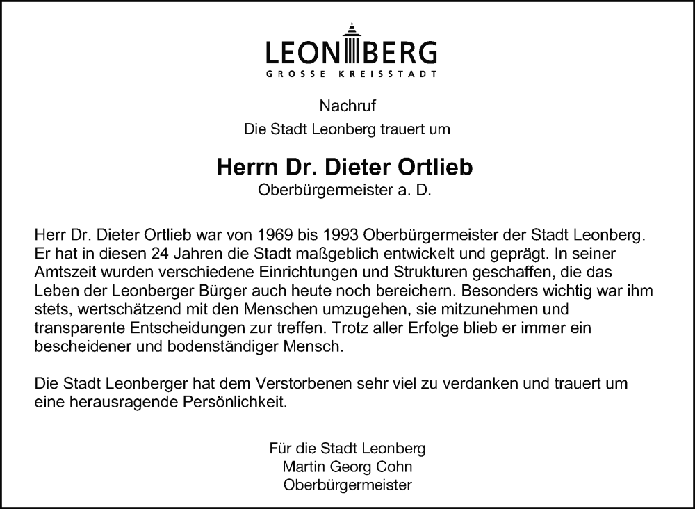  Traueranzeige für Dieter Ortlieb vom 15.10.2022 aus Leonberger Kreiszeitung / Strohgäu Extra