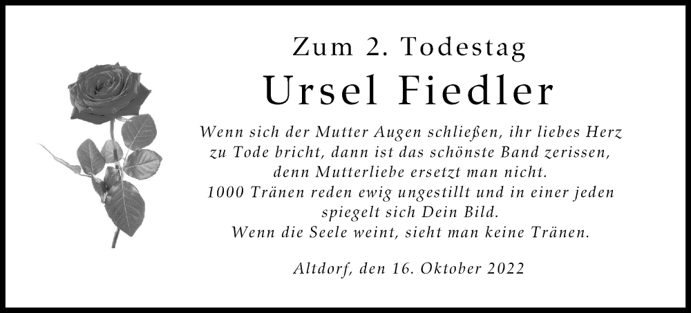  Traueranzeige für Ursel Fiedler vom 15.10.2022 aus Leonberger Kreiszeitung / Strohgäu Extra