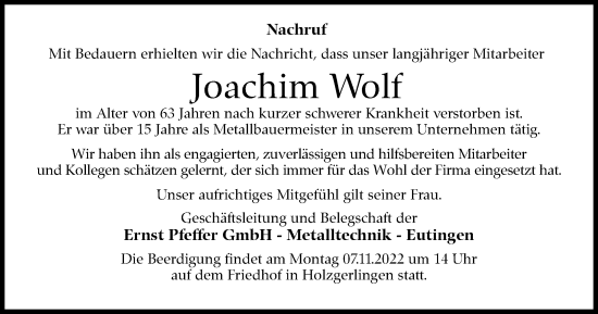 Traueranzeige von Joachim Wolf von Leonberger Kreiszeitung / Strohgäu Extra