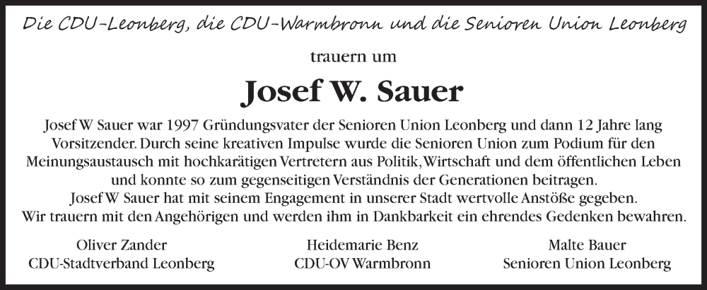  Traueranzeige für Josef W. Sauer vom 18.11.2022 aus Leonberger Kreiszeitung / Strohgäu Extra