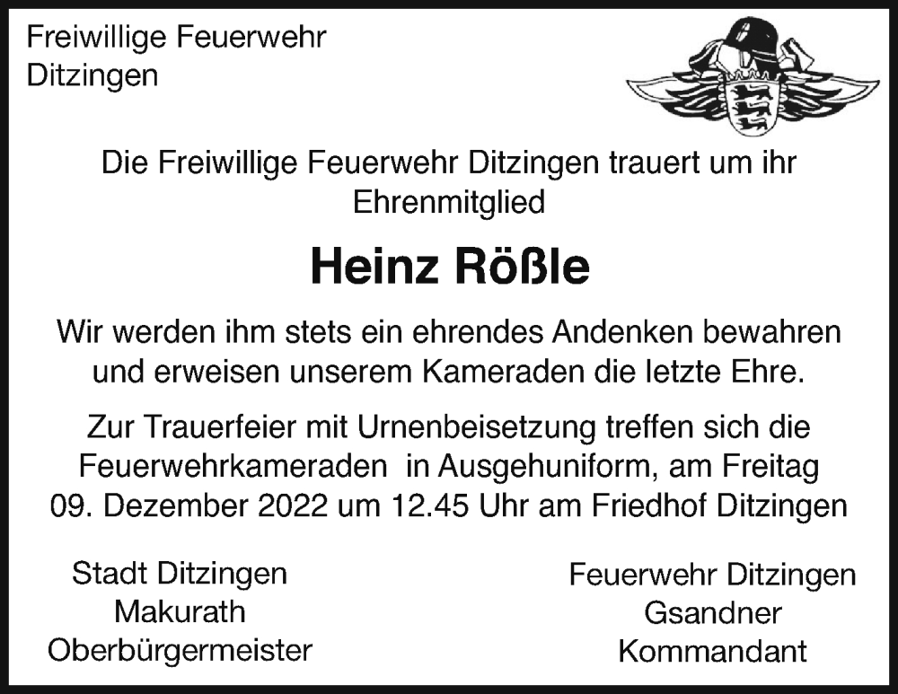 Traueranzeige für Heinz Rößle vom 07.12.2022 aus Leonberger Kreiszeitung / Strohgäu Extra