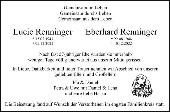 Traueranzeige von Lucie und Eberhard Renninger von Leonberger Kreiszeitung / Strohgäu Extra