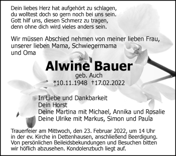 Traueranzeige von Alwine Bauer von Leonberger Kreiszeitung / Strohgäu Extra