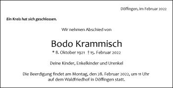 Traueranzeige von Bodo Krammisch von Leonberger Kreiszeitung / Strohgäu Extra