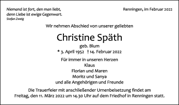 Traueranzeige von Christine Späth von Leonberger Kreiszeitung / Strohgäu Extra