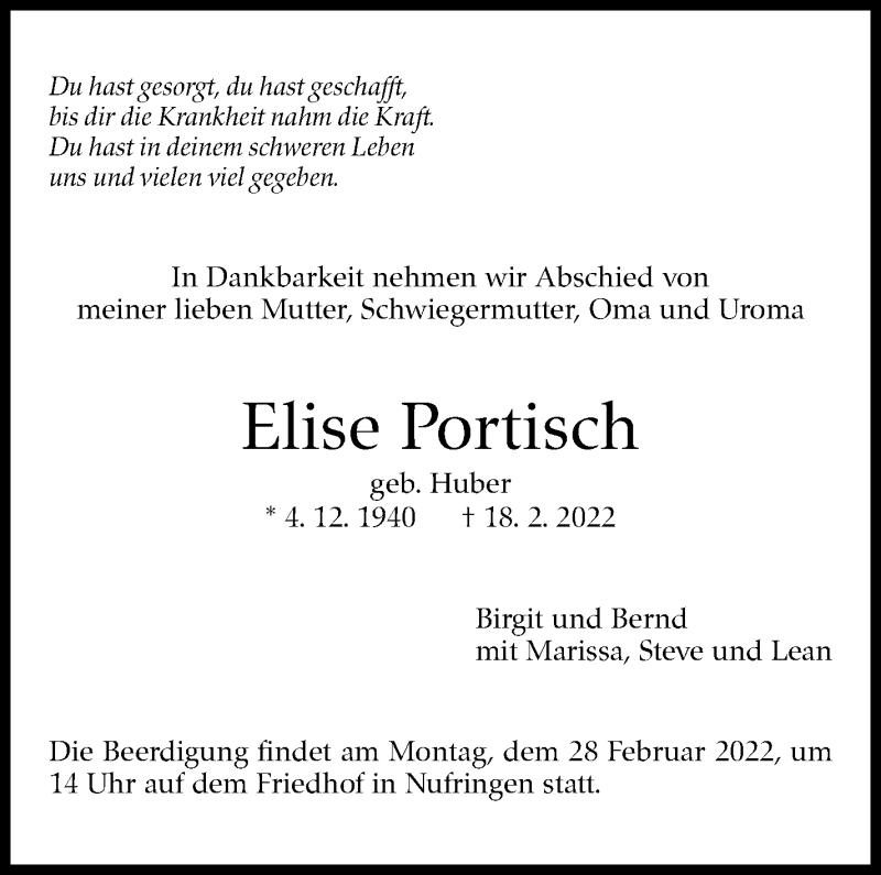  Traueranzeige für Elise Portisch vom 25.02.2022 aus Leonberger Kreiszeitung / Strohgäu Extra