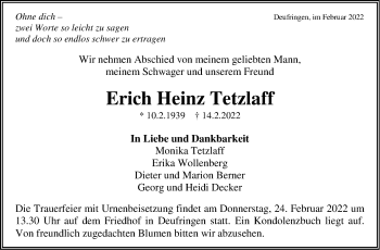 Traueranzeige von Erich Heinz Tetzlaff von Leonberger Kreiszeitung / Strohgäu Extra