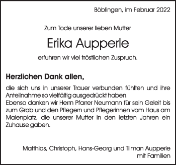 Traueranzeige von Erika Aupperle von Leonberger Kreiszeitung / Strohgäu Extra