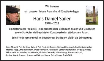 Traueranzeige von Hans Daniel Sailer von Leonberger Kreiszeitung / Strohgäu Extra