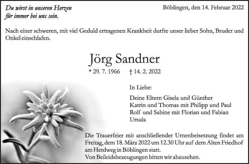  Traueranzeige für Jörg Sandner vom 19.02.2022 aus Leonberger Kreiszeitung / Strohgäu Extra