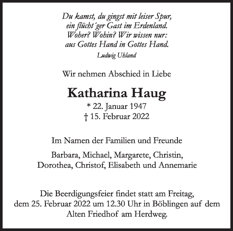  Traueranzeige für Katharina Haug vom 19.02.2022 aus Leonberger Kreiszeitung / Strohgäu Extra