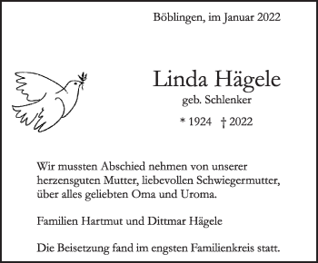 Traueranzeige von Linda Hägele von Leonberger Kreiszeitung / Strohgäu Extra