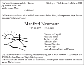 Traueranzeige von Manfred Neumann von Leonberger Kreiszeitung / Strohgäu Extra