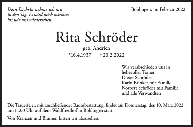  Traueranzeige für Rita Schröder vom 26.02.2022 aus Leonberger Kreiszeitung / Strohgäu Extra