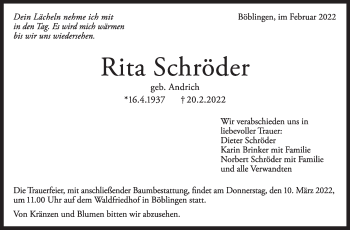 Traueranzeige von Rita Schröder von Leonberger Kreiszeitung / Strohgäu Extra