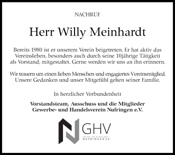 Traueranzeige von Willy Meinhardt von Leonberger Kreiszeitung / Strohgäu Extra
