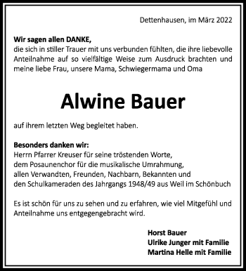 Traueranzeige von Alwine Bauer von Leonberger Kreiszeitung / Strohgäu Extra