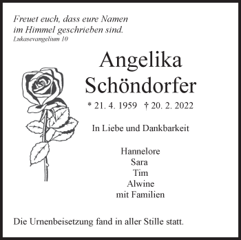 Traueranzeige von Angelika Schöndorfer von Leonberger Kreiszeitung / Strohgäu Extra