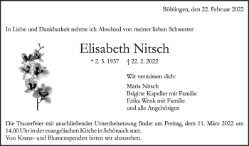Traueranzeige von Elisabeth Nitsch von Leonberger Kreiszeitung / Strohgäu Extra