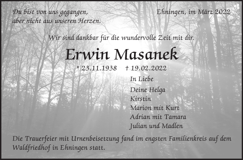  Traueranzeige für Erwin Masanek vom 10.03.2022 aus Leonberger Kreiszeitung / Strohgäu Extra
