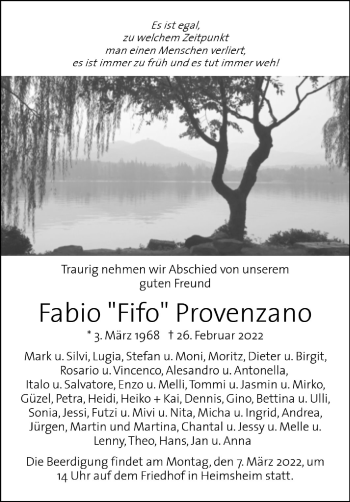 Traueranzeige von Fabio Provenzano von Leonberger Kreiszeitung / Strohgäu Extra