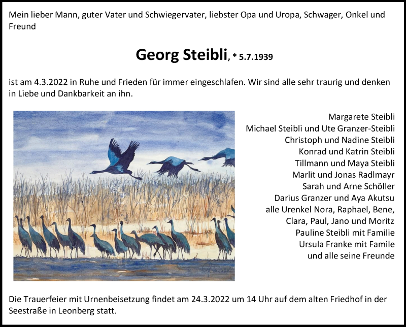  Traueranzeige für Georg Steibli vom 15.03.2022 aus Leonberger Kreiszeitung / Strohgäu Extra