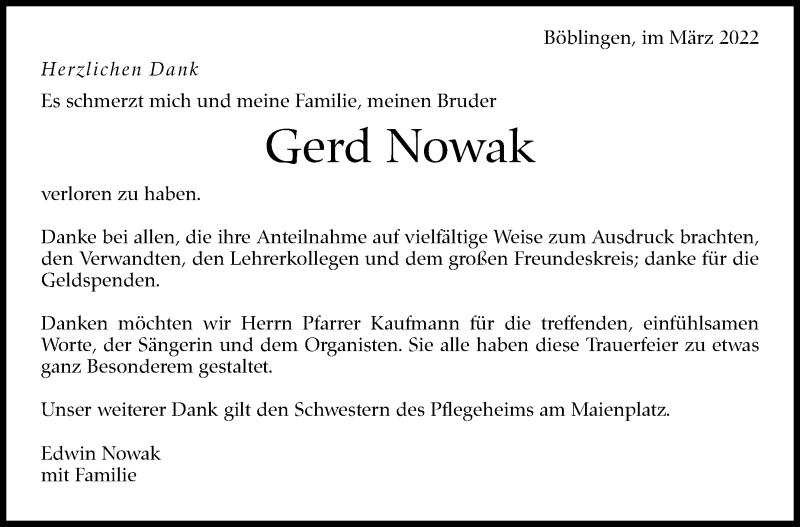  Traueranzeige für Gerd Nowak vom 05.03.2022 aus Leonberger Kreiszeitung / Strohgäu Extra