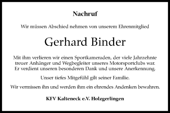 Traueranzeige von Gerhard Binder von Leonberger Kreiszeitung / Strohgäu Extra