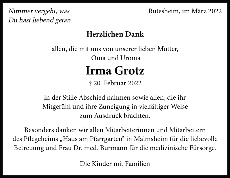  Traueranzeige für Irma Grotz vom 12.03.2022 aus Leonberger Kreiszeitung / Strohgäu Extra