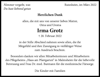 Traueranzeige von Irma Grotz von Leonberger Kreiszeitung / Strohgäu Extra