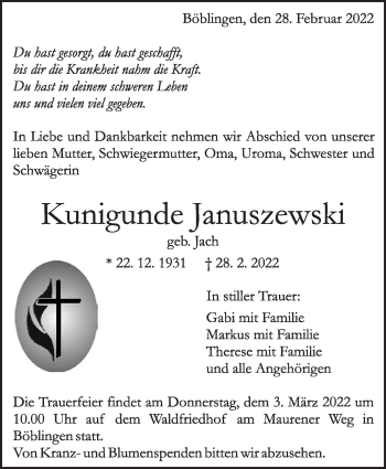 Traueranzeige von Kunigunde Januszewski von Leonberger Kreiszeitung / Strohgäu Extra