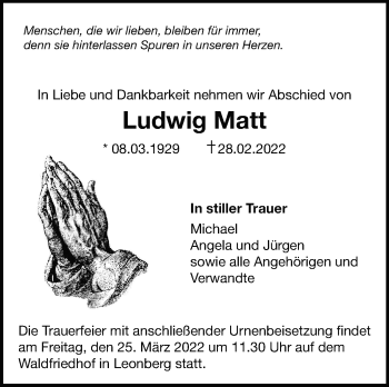 Traueranzeige von Ludwig Matt von Leonberger Kreiszeitung / Strohgäu Extra