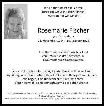 Traueranzeige von Rosemarie Fischer von Leonberger Kreiszeitung / Strohgäu Extra
