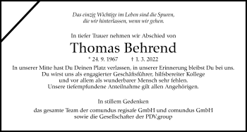 Traueranzeige von Thomas Behrend von Leonberger Kreiszeitung / Strohgäu Extra
