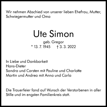 Traueranzeige von Ute Simon von Leonberger Kreiszeitung / Strohgäu Extra