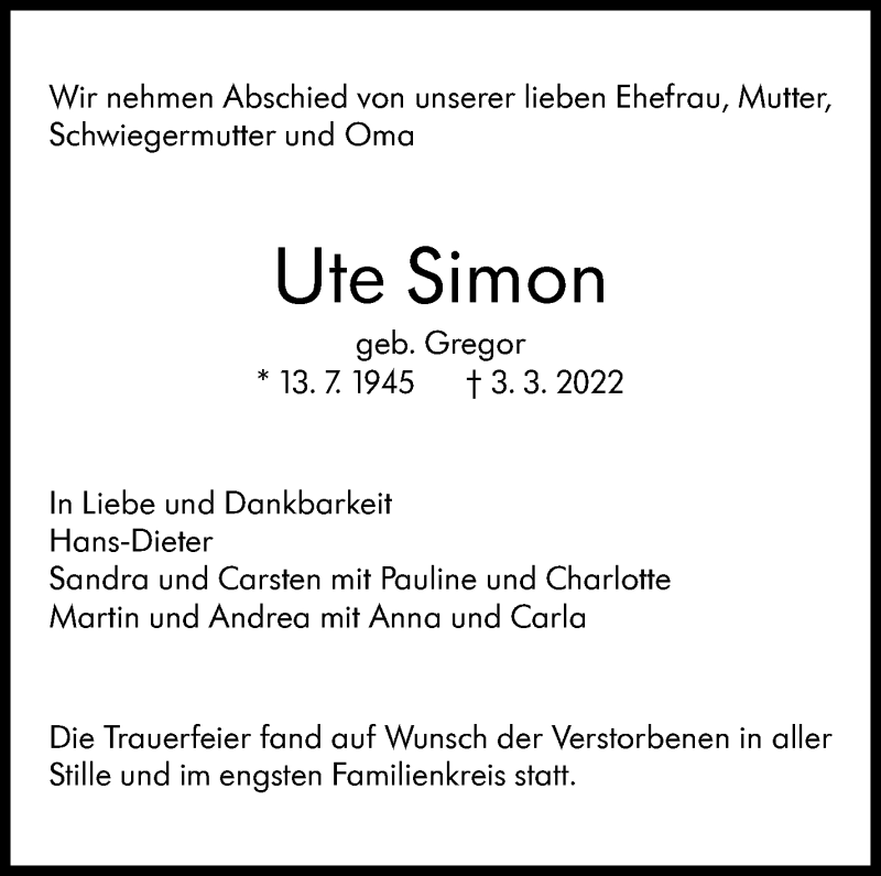  Traueranzeige für Ute Simon vom 26.03.2022 aus Leonberger Kreiszeitung / Strohgäu Extra