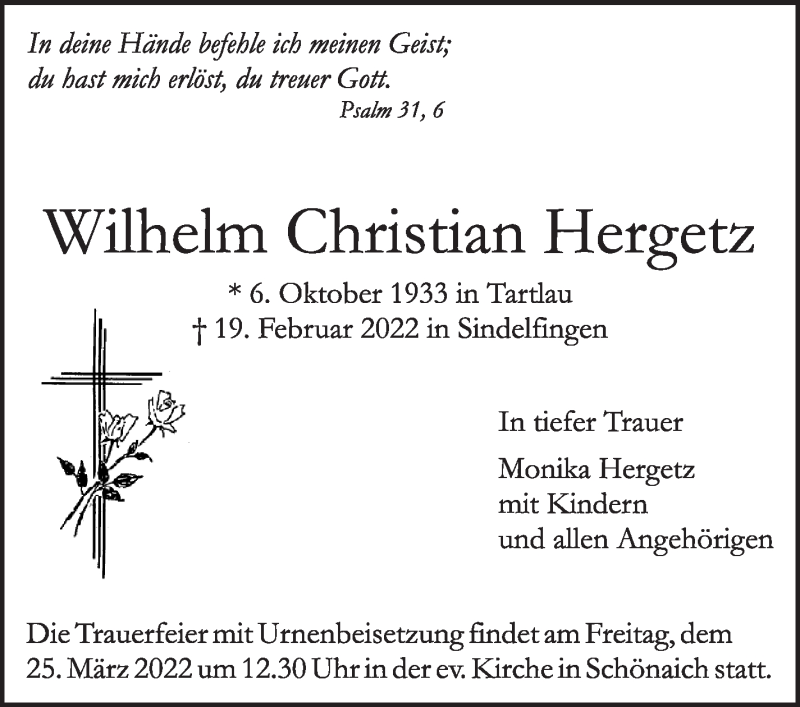  Traueranzeige für Wilhelm Christian Hergetz vom 17.03.2022 aus Leonberger Kreiszeitung / Strohgäu Extra