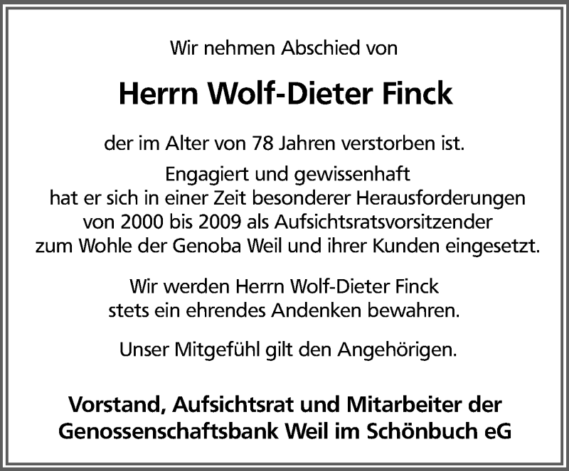  Traueranzeige für Wolf-Dieter Finck vom 03.03.2022 aus Leonberger Kreiszeitung / Strohgäu Extra