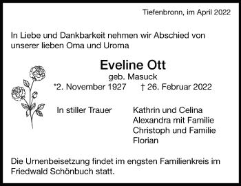 Traueranzeige von Eveline Ott von Leonberger Kreiszeitung / Strohgäu Extra