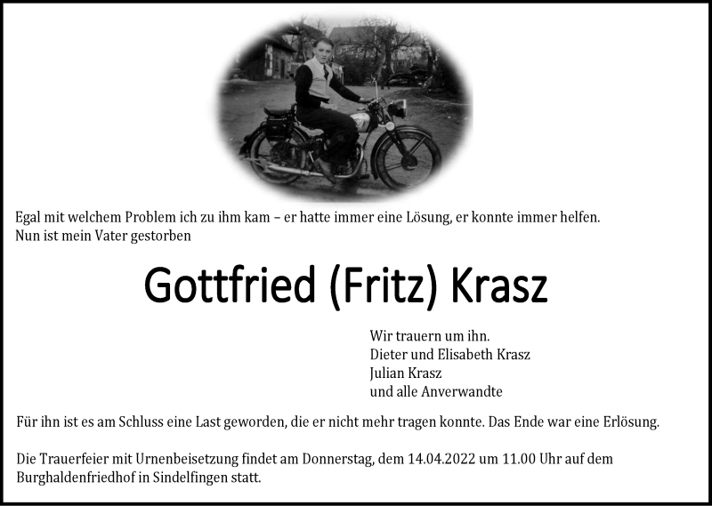  Traueranzeige für Gottfried Krasz vom 09.04.2022 aus Leonberger Kreiszeitung / Strohgäu Extra