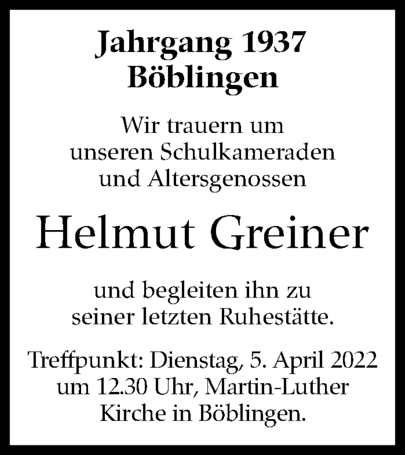  Traueranzeige für Helmut Greiner vom 02.04.2022 aus Leonberger Kreiszeitung / Strohgäu Extra