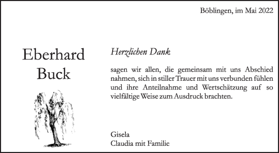 Traueranzeige von Eberhard Buck von Leonberger Kreiszeitung / Strohgäu Extra