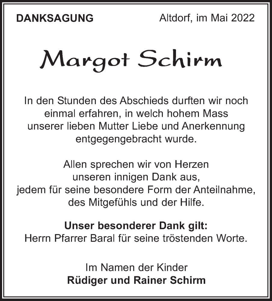  Traueranzeige für Margot Schirm vom 20.05.2022 aus Leonberger Kreiszeitung / Strohgäu Extra